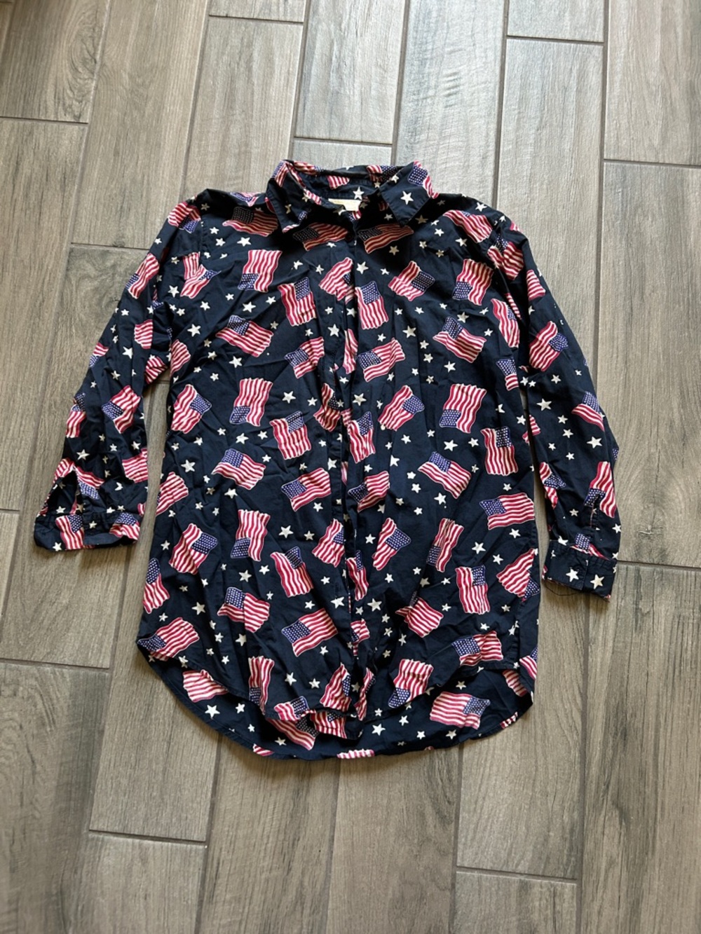 Roaman's Navy Button-Down Shirt with Flag Print